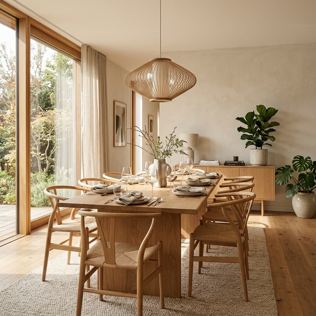 Luxury dining room interior with oak table and pendant lamp