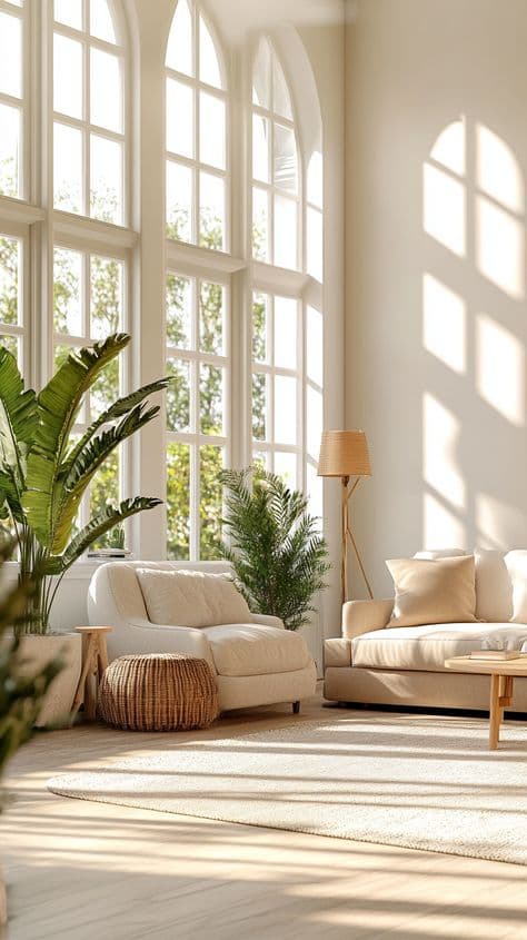 Luxurious Scandinavian living room with cream armchair, oak coffee table, warm pendant lamp, indoor olive tree, and ceramic vase